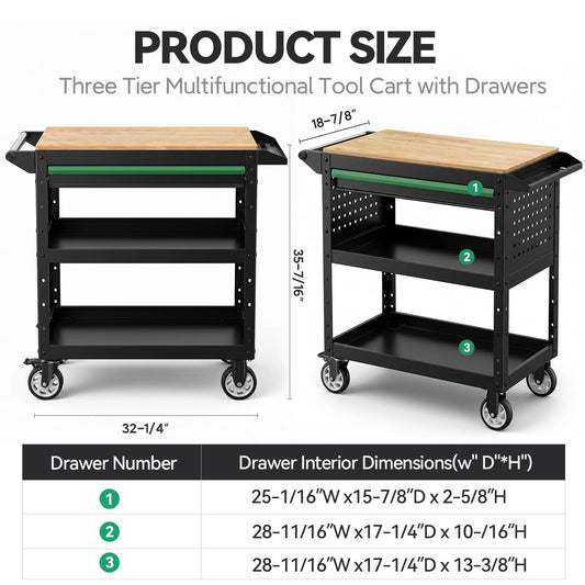 StrideoooTrek Rolling Utility Cart with Wooden Top, 3-Tier Mobile Workshop Table, Heavy-Duty Wheels,330LB Load Capacity Organizer Cabinet for Garage, Warehouse, Repair Shop