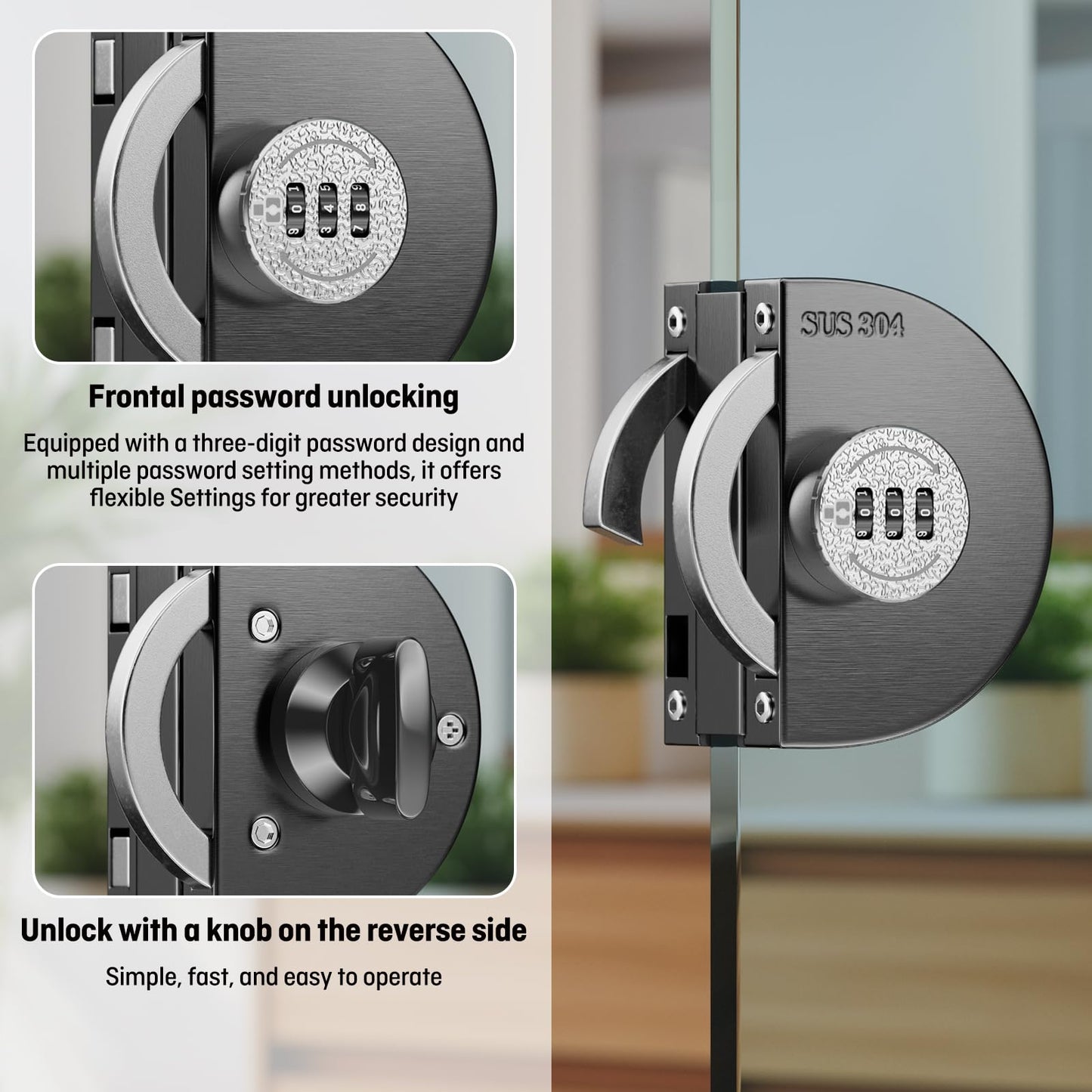 Ranbo Frameless Mechanical Combination Glass Door Lock, No-Drill Installation, Fits 3/8''–1/2'' Thick Tempered Panels, Brushed Black Finish, for Double Swing Glass Doors, Home & Commercial Use