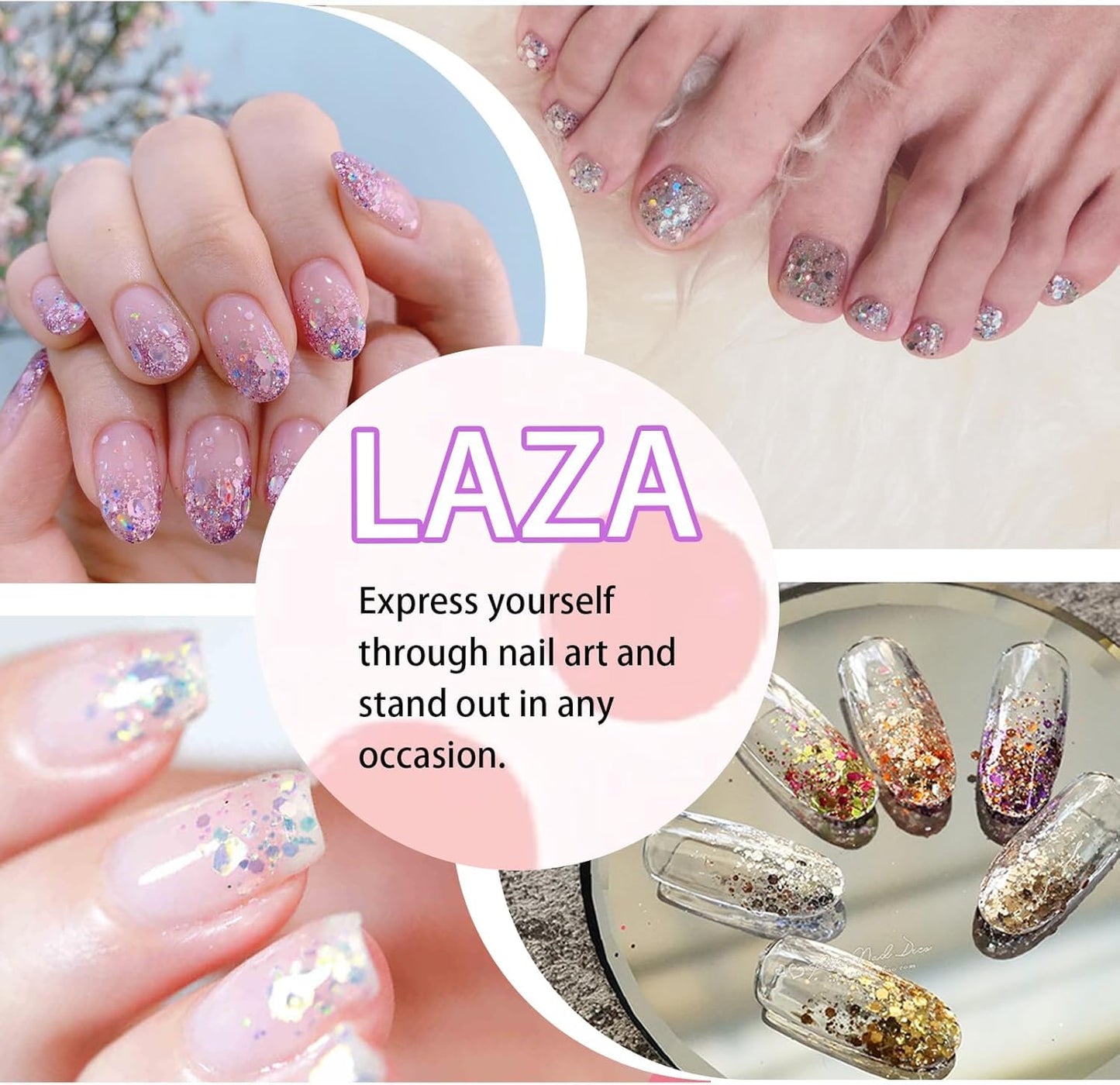 Laza 8 Colors Nail Art Glitter Diamond Dust Holographic Iridescent Glitter Mixed Chunky Glitter Confetti Foil Flakes Sequins for Nail Art, Gel Polish, Mermaid Makeup, Body, Resin-Shimmer Mirage