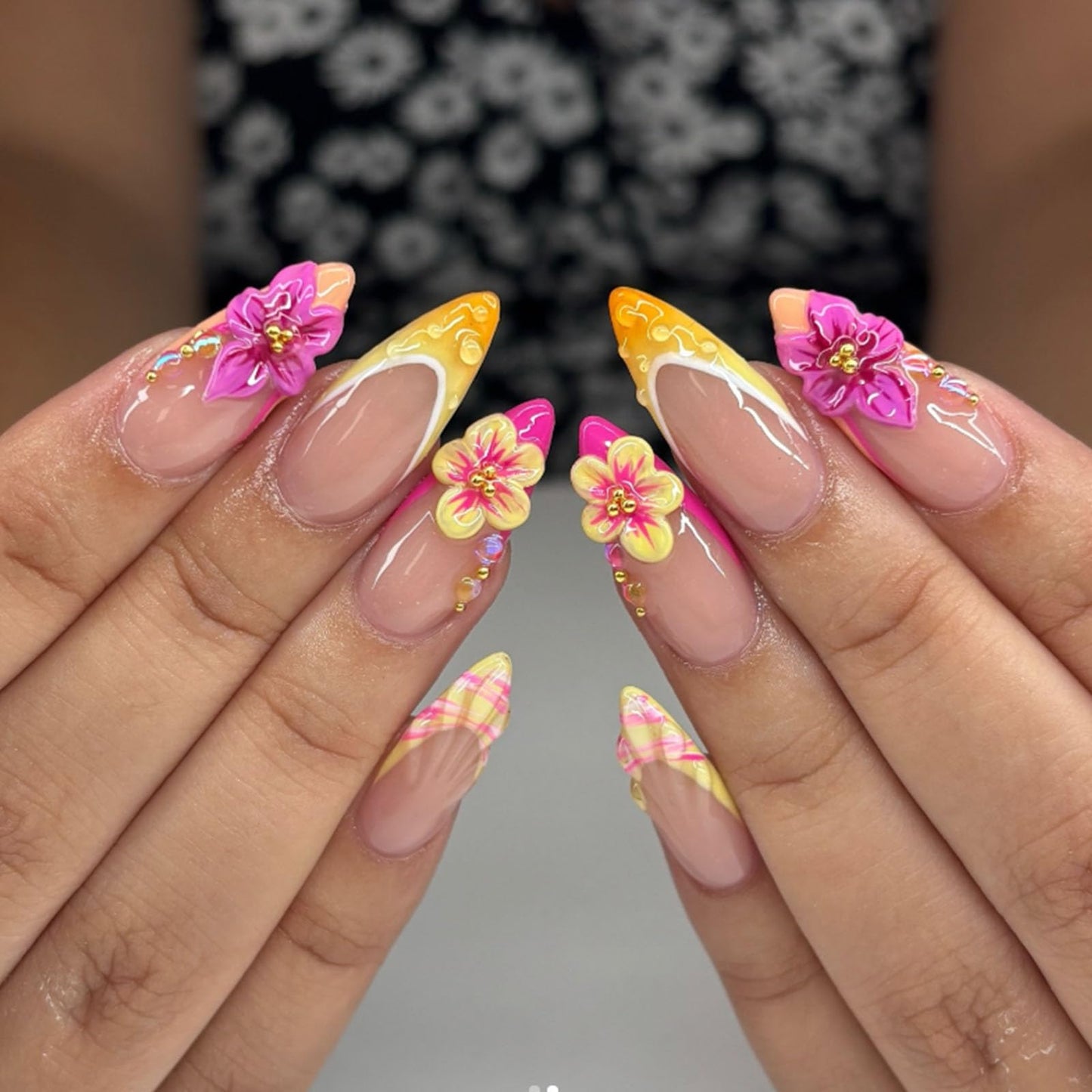 French Tip Press on Nails Medium Fake Nails with 3D Water Droplets Pearl Flowers Lines Designs Almond Nails Press ons Pink Full Cover Reusable Stick on Nails for Women 24Pcs
