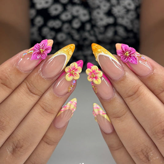 French Tip Press on Nails Medium Fake Nails with 3D Water Droplets Pearl Flowers Lines Designs Almond Nails Press ons Pink Full Cover Reusable Stick on Nails for Women 24Pcs