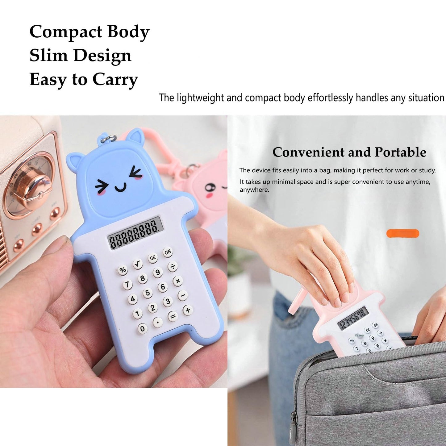 MLWSHR 6-Pack Cute Mini Keychain Digital Calculators, 8-Digit LCD Display, Cartoon Design, Portable for School & Office, Kids Calculator, Battery Powered (Included)