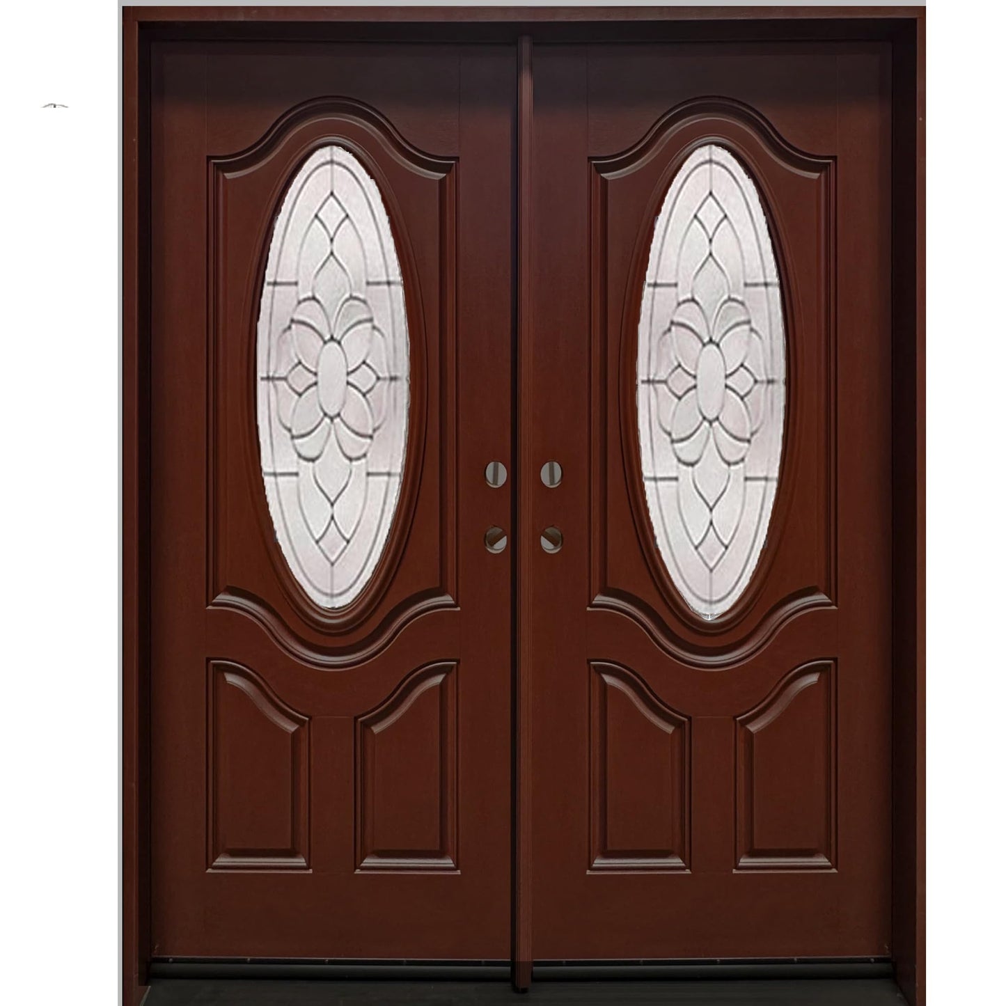 BGW Doors Mahogany Finish Fiberglass Double Front Entry Door with Oval Glass, Prehung Pre-Finished Exterior Door, Right Inswing, FD800D-30x30x80