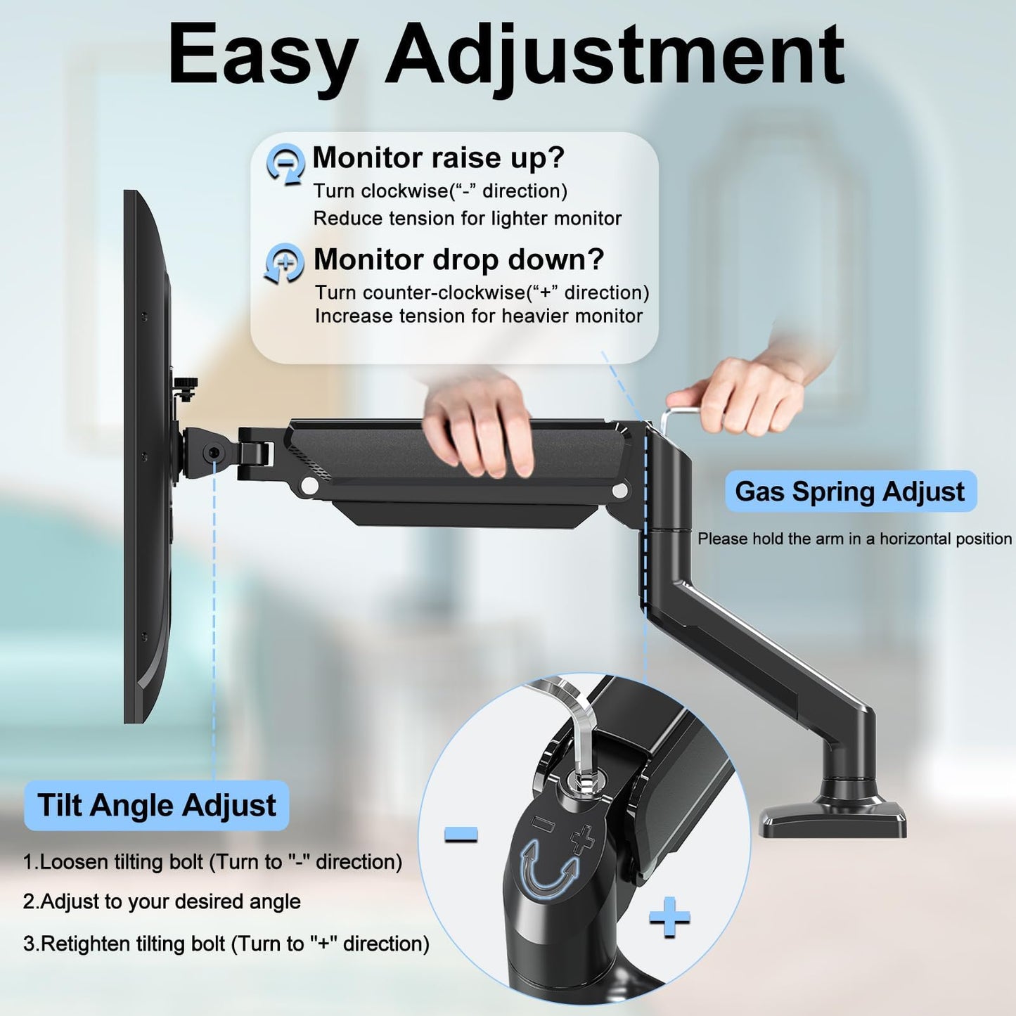 ErgoFocus Dual Monitor Mount Fits 13 to 32 Inch Computer Screen, Dual Monitor Arm Hold 4.4-19.8lbs Each, Full Motion Monitor Desk Mounts for 2 Monitors, Gas Spring Monitor Stand, VESA Mount
