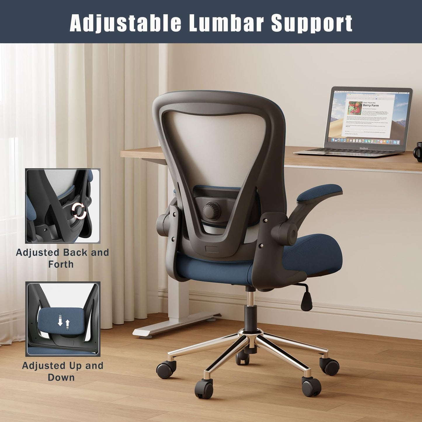 VOTRENIX Blue Ergonomic Office Desk Chair, Soft Fabric Thickened Curved seat Cushion with Adjustable Lumbar Support, Perfect Blend of Comfort and Good Looks, Ideal Chair for Home or Office, Navy Blue