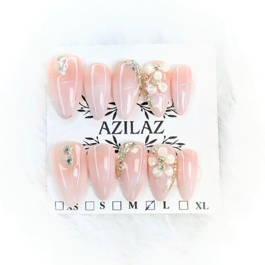 Azilaz Press On Nails, Nude Pink Ombre Almond Shape, Handmade,XS-XL Sizes, 10-Piece Set(Small)