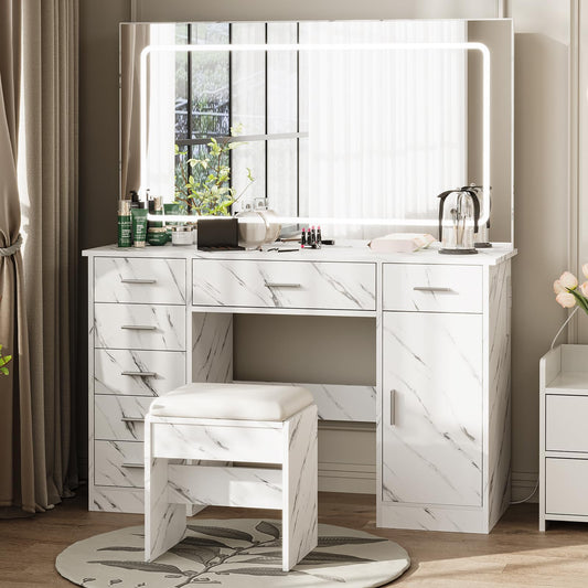 GarveeLife Modern Vanity Desk with LED Mirror – 7 Drawers, Power Outlets, Hair Dryer Holder, 3-Mode Adjustable Lighting – Makeup Dressing Table for Bedroom, Marble White Finish
