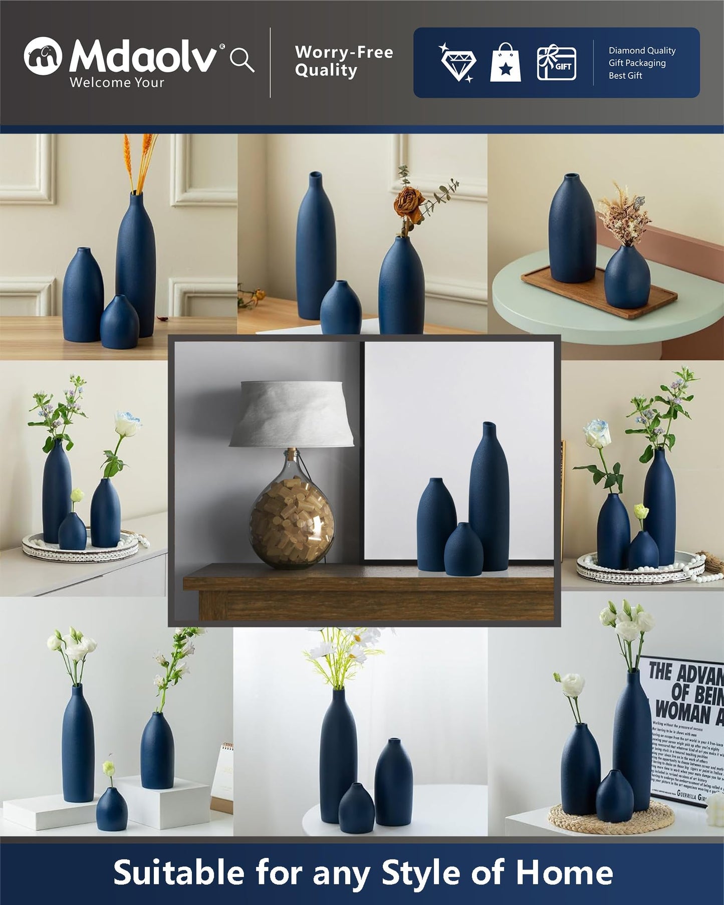 Mdaolv Matte Blue Vase Set Navy Blue Decor Coastal Decor Vases for Kitchen Island Living Room Office Table Fireplace Mantle Decorations & Bathroom Shelf Decor Centerpiece Table Decorations Ceramic