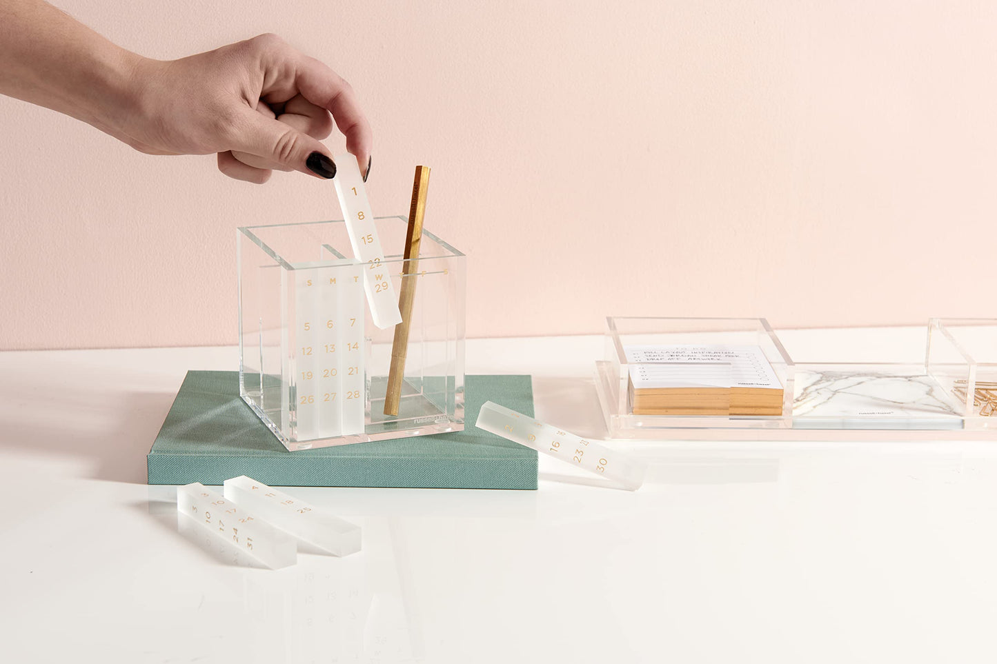 russell+hazel Acrylic Perpetual Calendar and Pencil Bloc Two Compartment Pen Cup, Office Supplies, Clear, 4” x 4”
