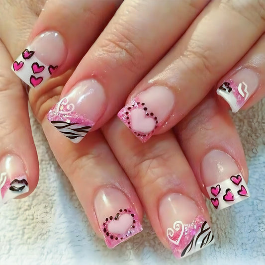 24Pcs Valentines French Tip Press on Nails Short Square Fake Nails Pink Red Heart Design Red Lips False Nails Glossy Full Cover Artificial Glue on Nails Glitter Stick on Nails for Women Manicure Kit