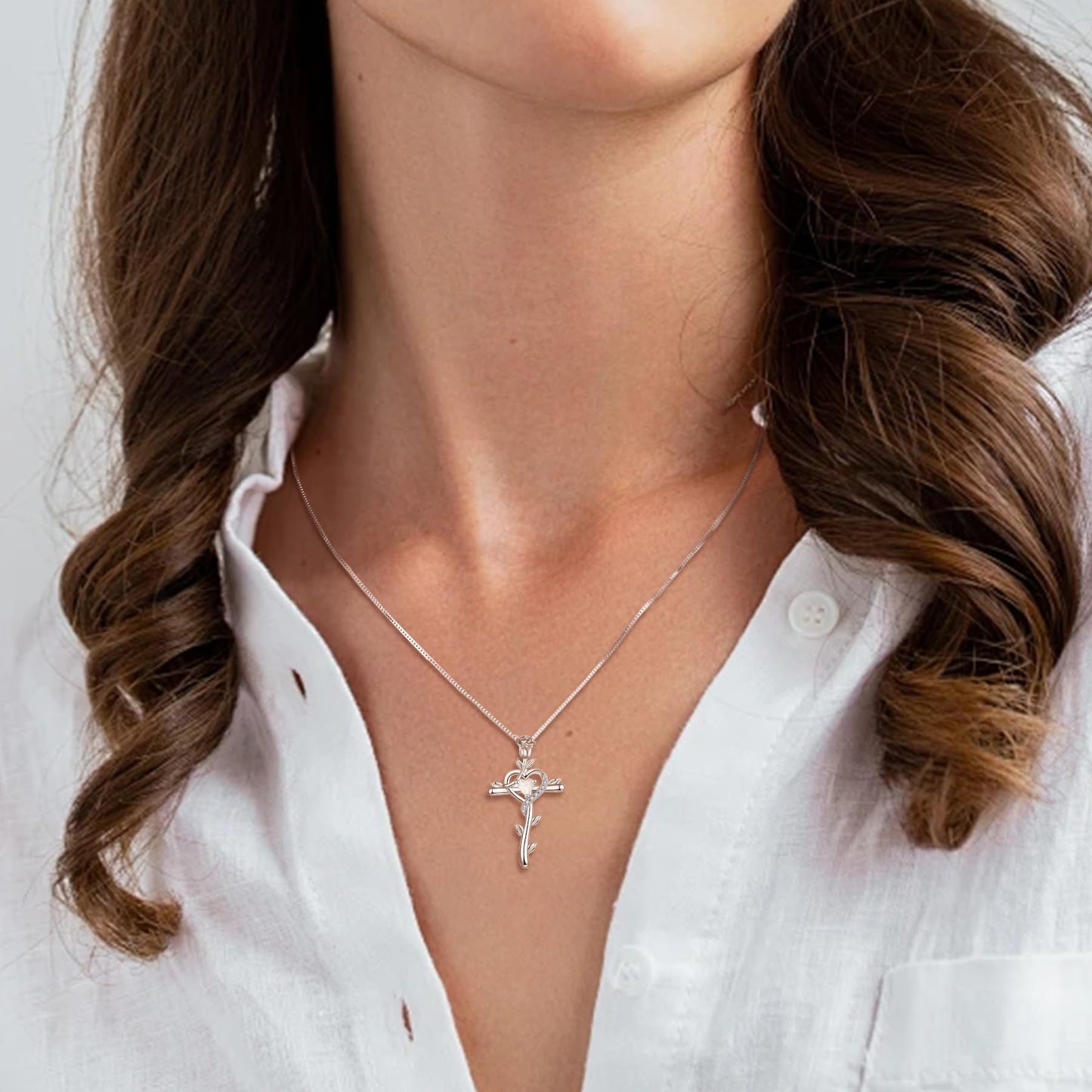 STARCHENIE Rose Cross Necklace, 925 Sterling Silver, Created Opal Heart Pendant, Crucifix Jewelry Gift for Women