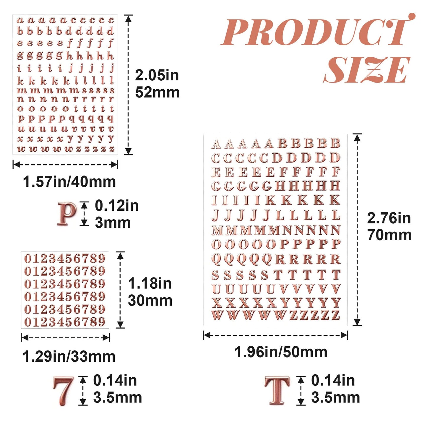 OIIKI 640pcs 6 Sheets Small Letter Number Stickers, 3D Self-Adhesive Mini Letter Stickers, Alphabet Number Decals Decoration Supplies for Scrapbook Nail Keyboard DIY Crafts- Rose Gold & Black