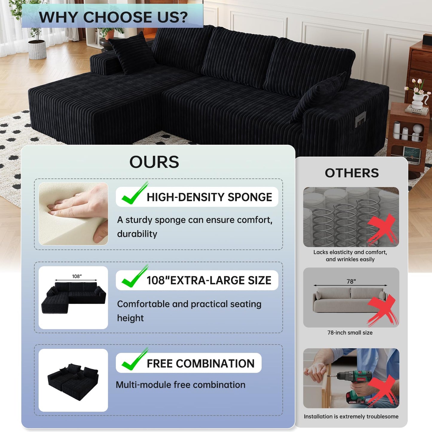 108" Cloud Sectional Couch with L-Shape Chaise,4 Seat Modern Modular Sofa with Deep Seat,Upholstered Couches for Living Room Bedroom, Boneless Couch