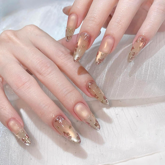 French Long Press on Nails 3D Cat Eye Almond Fake Nails Nude Flower Stick on Nails Acrylic Glossy False Nails for Women Manicure Decoration 30Pcs