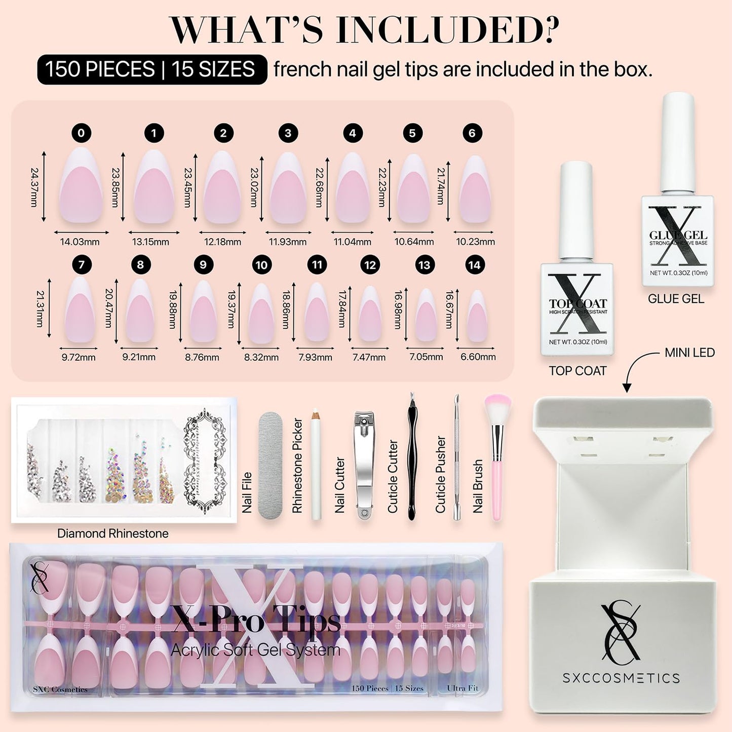 SXC Cosmetics French Tip Press On Nails – Pink Series, Medium Almond Fake Nails X-Pro Tips Starter Kit | 150PCS, 15 Sizes, 5 Styles