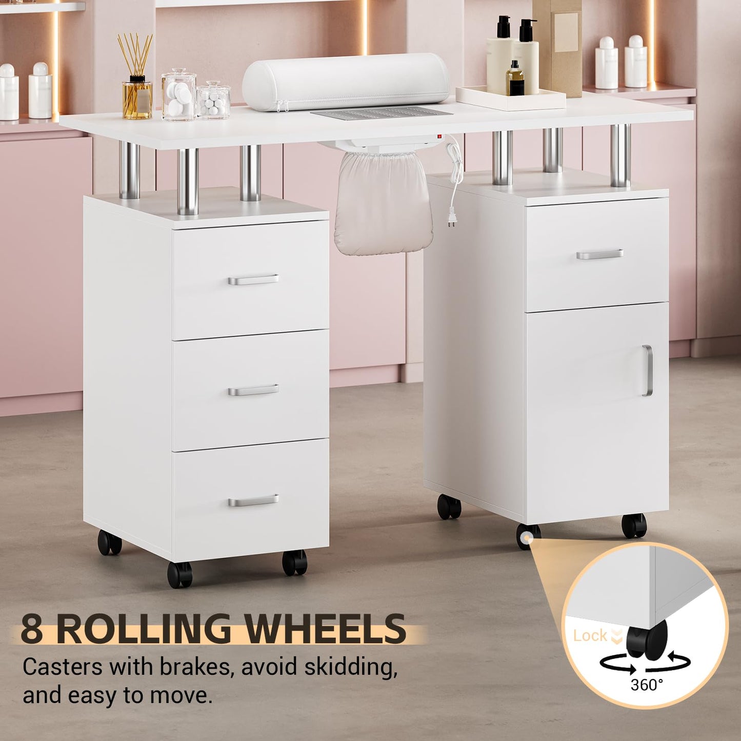 Manicure Table, Nail Desk Station for Nail Tech with Electric Downdraft Vent & Locking Castors & Wrist Cushion, Manicure Desk with 4 Drawers & 1Cabinet Manicure Table for Spa Beauty Salon, White