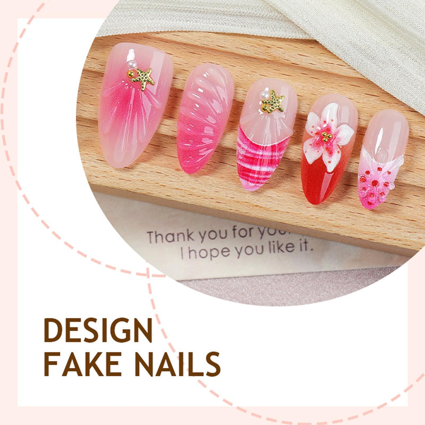 3D Shell Press on Nails Glossy Red French Tips Medium Almond Fake Nail Flower False Nails with Pink Ombre Design Polka Dots Stick on Nail Ocean Glue on Artificial Fingernails for Women Daily Wear