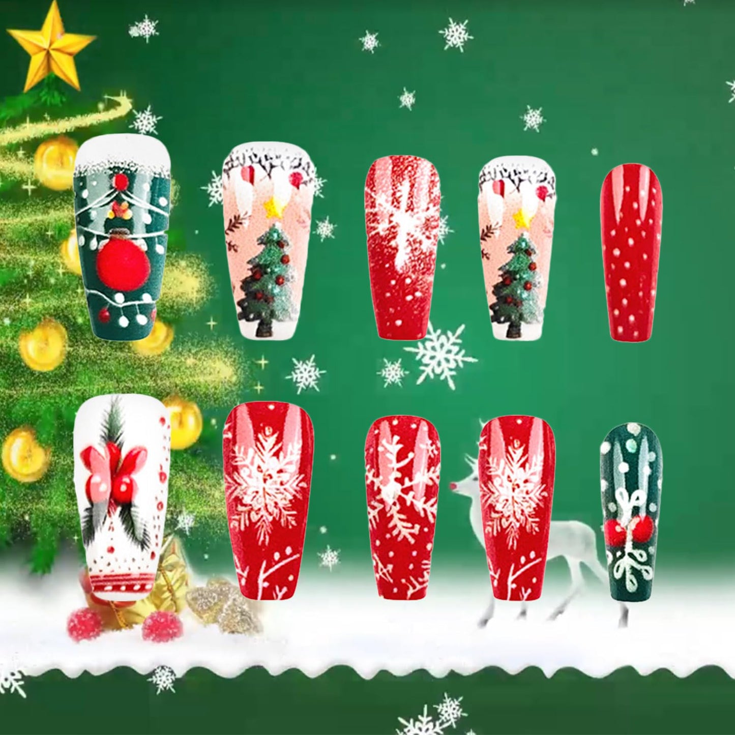 Christmas Press on Nails Christmas Tree Gel Glue on Nail 24Pcs Xmas Bell Medium Coffin False Nails Glossy White Snowflake Acrylic Fake Nail Holly Stick on Fingernails for Women Xmas Gift