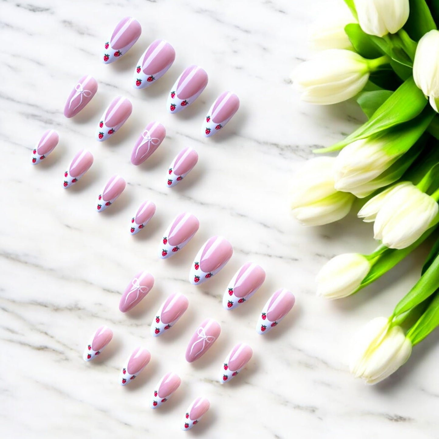24 Pcs Press On Nails Short, Soft Gel Fake Nails, Glossy, Durable & Reusable, Easy to Apply Glue On Nails for Women By Bows And Knots