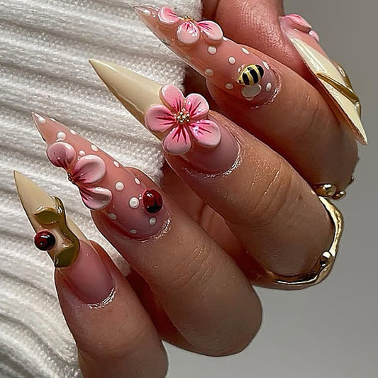 Stiletto Press On Nails Long Fake Nails Flower With Polka Dot Design French Tip Fake Nails Full Cover Summer Acrylic Nail Artificial Reusable Stick On Nail For Women 24pcs