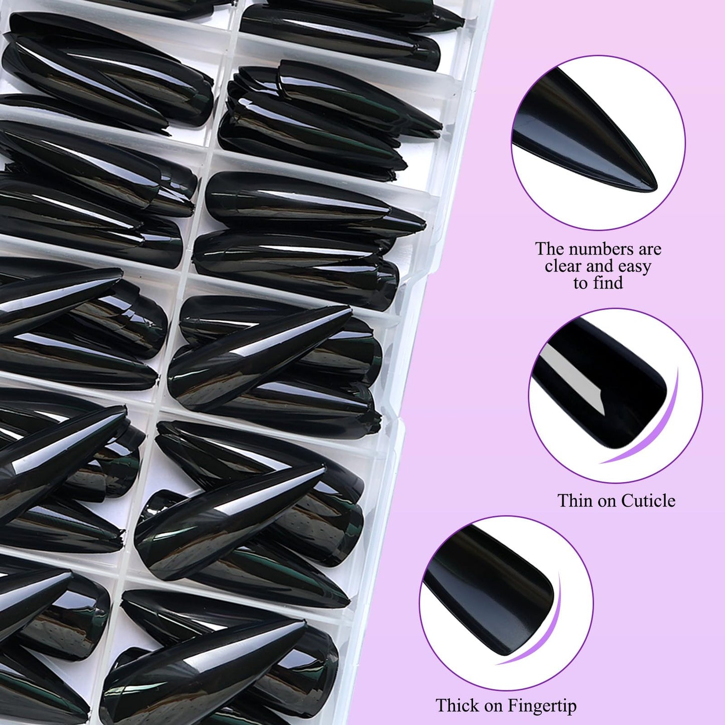 144pc Black Press on Nails Long Stiletto Fake Nails with Glue Tabs, Black Nails Press ons Nails Stiletto Glue on Nail Pointy Acrylic Nails Stick False Artificial Fingernail for Women Girls