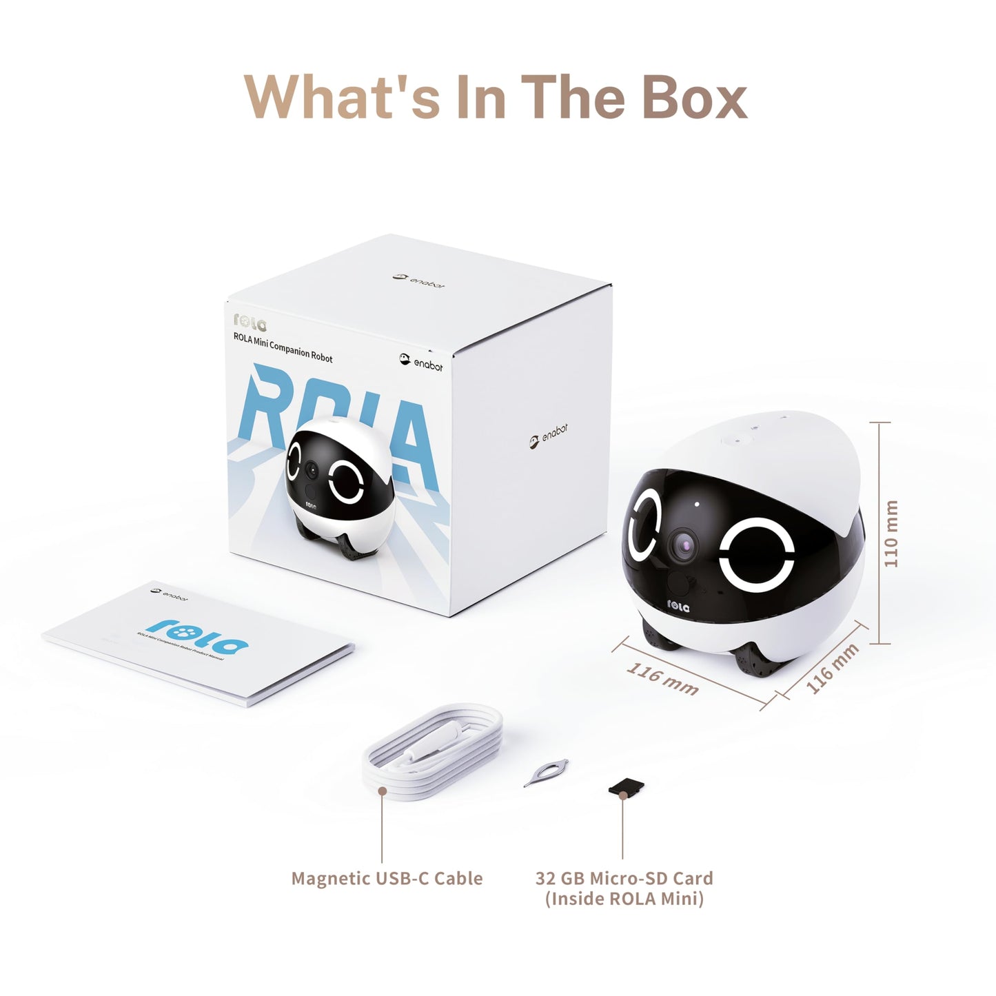 Enabot EBO ROLA Mini FamilyBot 2K Pet Camera Robot: Movable Indoor Camera Battery-Powered with Phone App, One-Touch Call, 2-Way Talk, Night Vision, Motion Detection, Video Recording