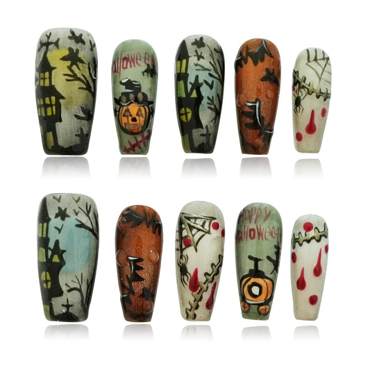 Tesytto Handmade Kawaii Press on Nails Long Coffin - 3D Cartoon Character Design, Luxury Hand-Painted Anime Style False Nails for Women (Halloween House Story,M)