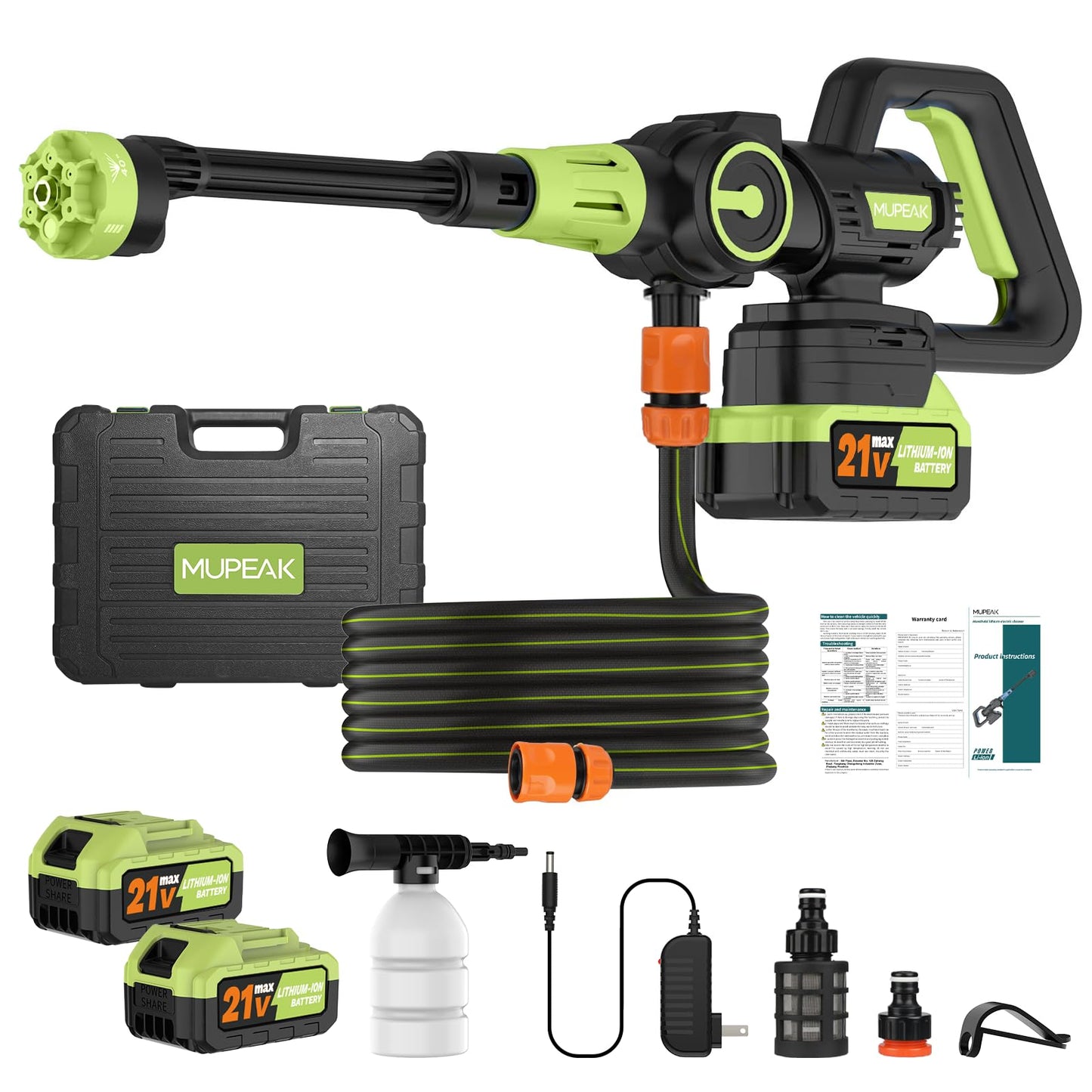 MUPEAK Brushless Cordless Pressure Washer, 1100PSI-Cordless Power Washer with 2 Batteries, 6-in-1 Nozzle/3-Modes Adjustable, 21V 4.0Ah Portable Pressure Washers Battery Operated for Car Home, Green