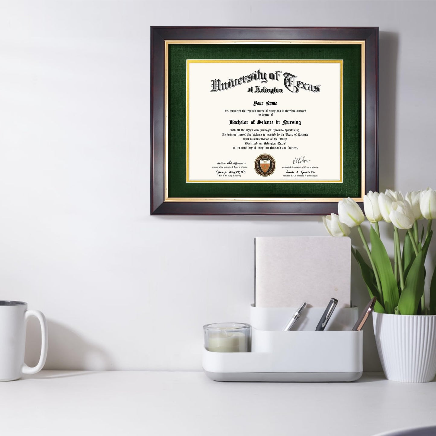 GMFrames 8.5x11 Wood Diploma Frame with Green Mat or Display 11x14 Certificates without Mat,Tempered Glass,Deep Brown Finish with Gold Trim