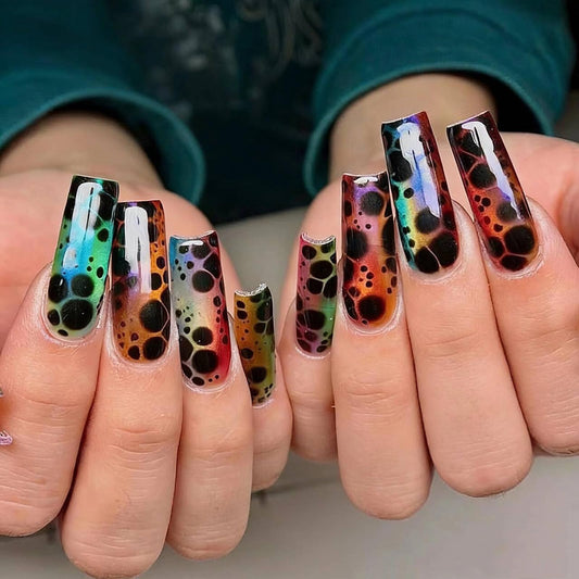 MISUD Press on Nails - Long Square Fake Nails with Colorful Ombre, Acrylic Black Tortoise Shell Design 24 pcs