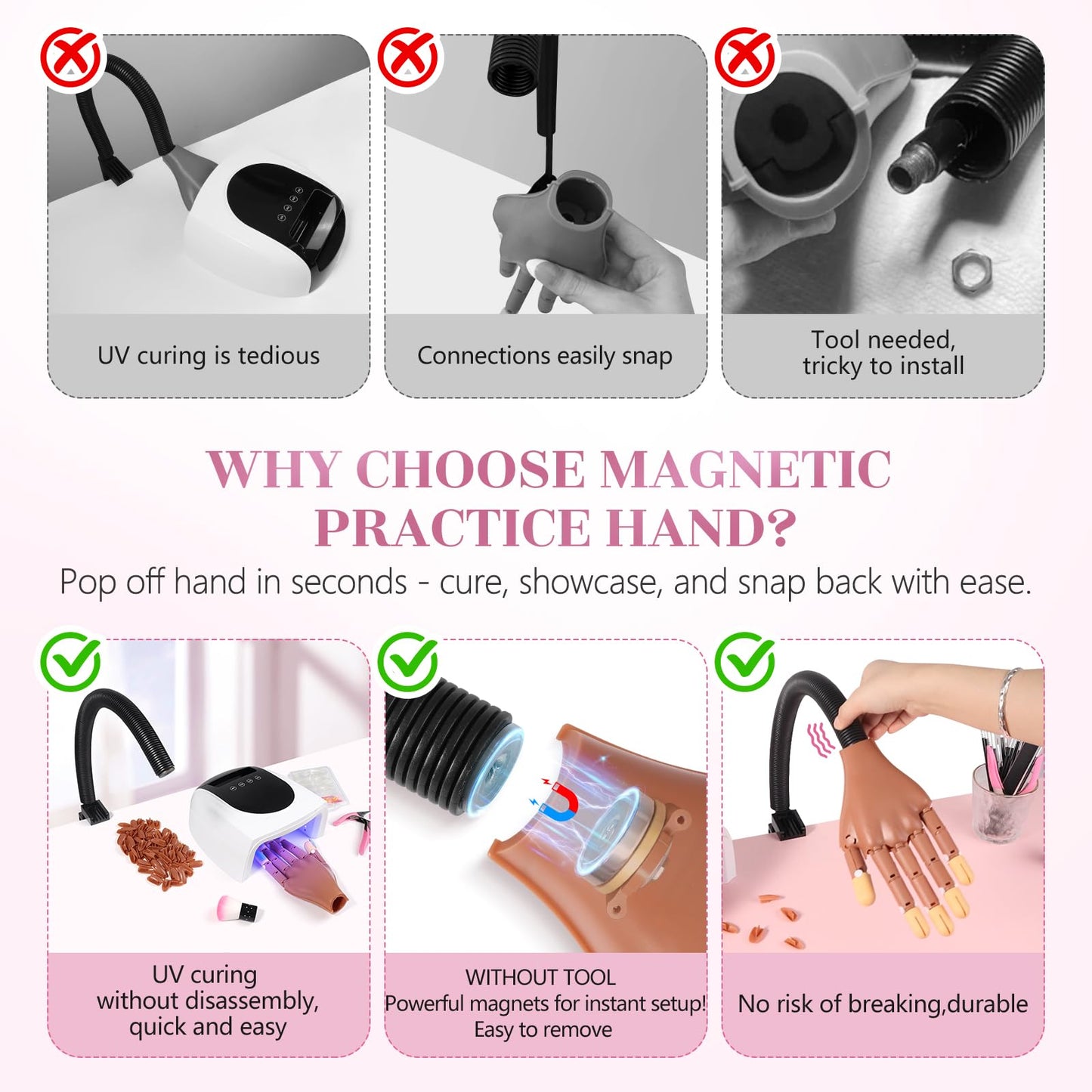 Adonafy Practice Hand for Acrylic Nails: Detachable Magnetic Practice Hand for DIY Nail Art - Realistic Flexible Fake Hand Manicure Training Finger at Home for Beginners