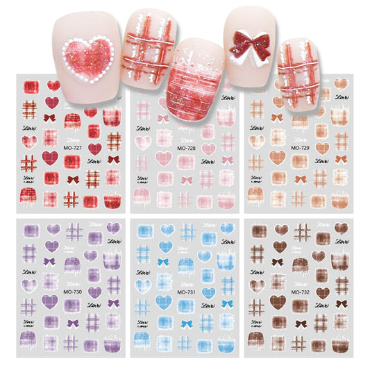 6 Sheets Bow Nail Stickers for Nail Art Red Pink Purple Blue Brown Bow Heart Designs 5D Embossed Self Adhesive Nail Decals for Women DIY Manicure Decoration YX1239