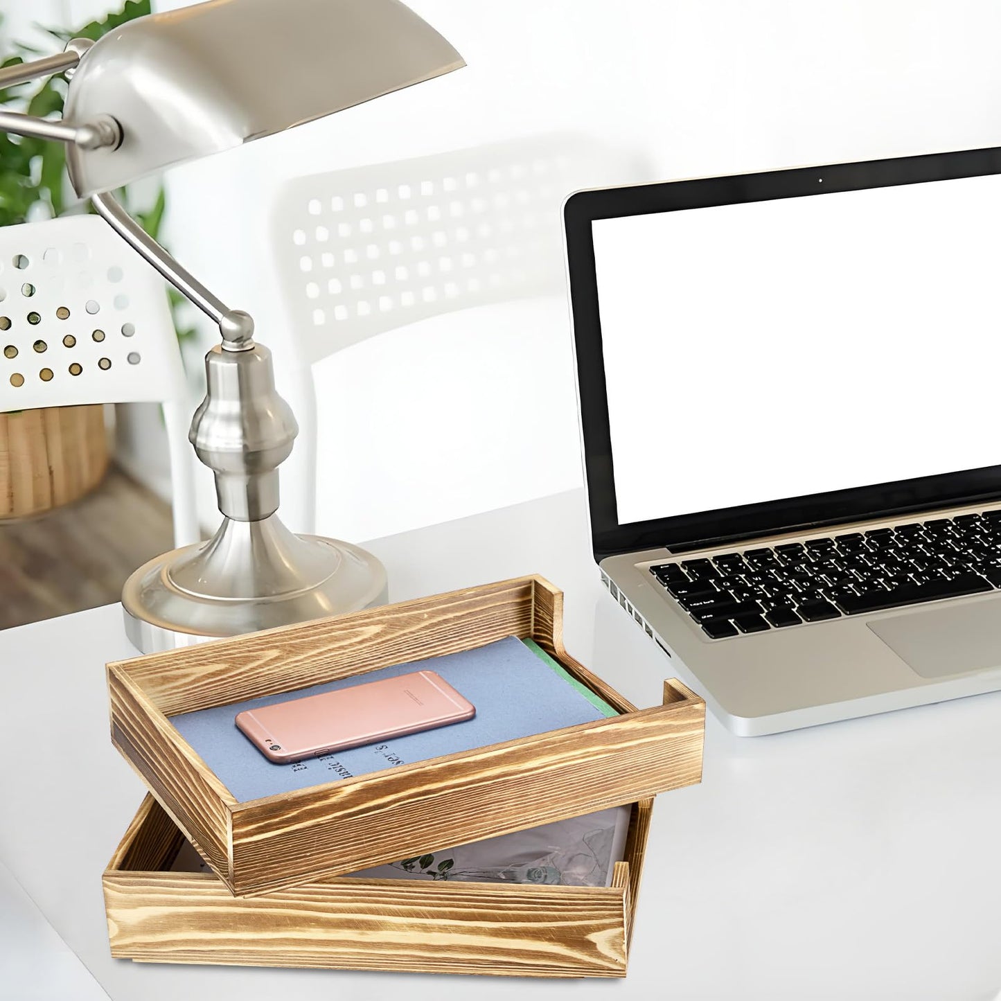 BTSKY Wood Letter Tray Front-Load Document Organizer for Office Desktop Organizer - Desk Magazine, File Folder, Paper Holder - Stackable Paper Document File Tray, 2 Pack