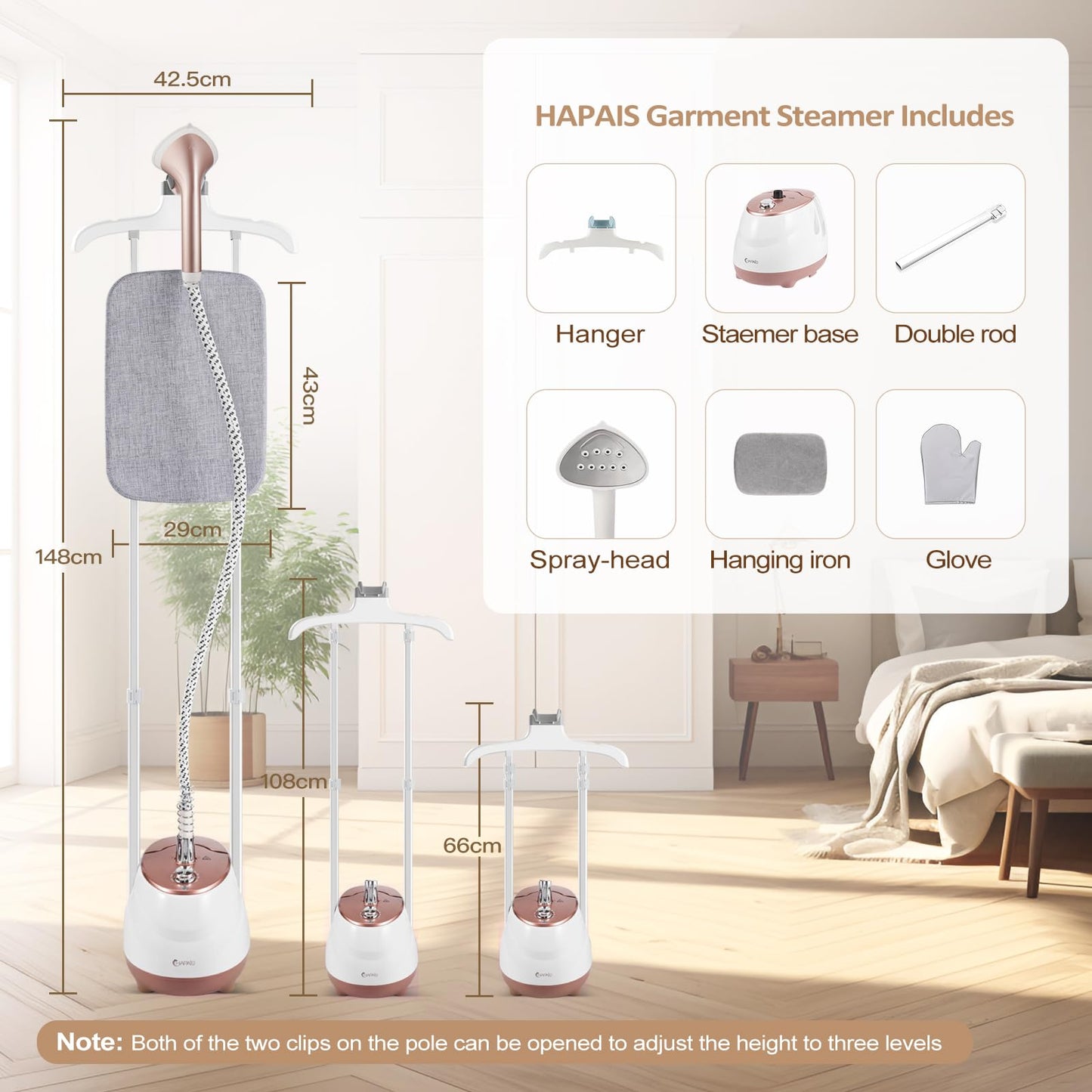 HAPAIS Steamer for Clothes,1800W Standing Garment Steamer with 30s Fast Heat,2L Tank for 1 Hour,Professional Clothes Steamers for 10 Fabric Modes,2-in-1 Flat & Hanging Ironing