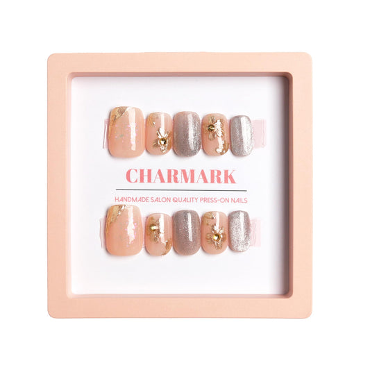CHARMARK Press on Nails Handmade Gel Manicure, Unique Exquisite for Daily, Party, Bridal Decorations Nail Kit, 16Pcs Reusable Well Made Glue/Stick on Nail (04.Golden flower, M-suit for 70% people)