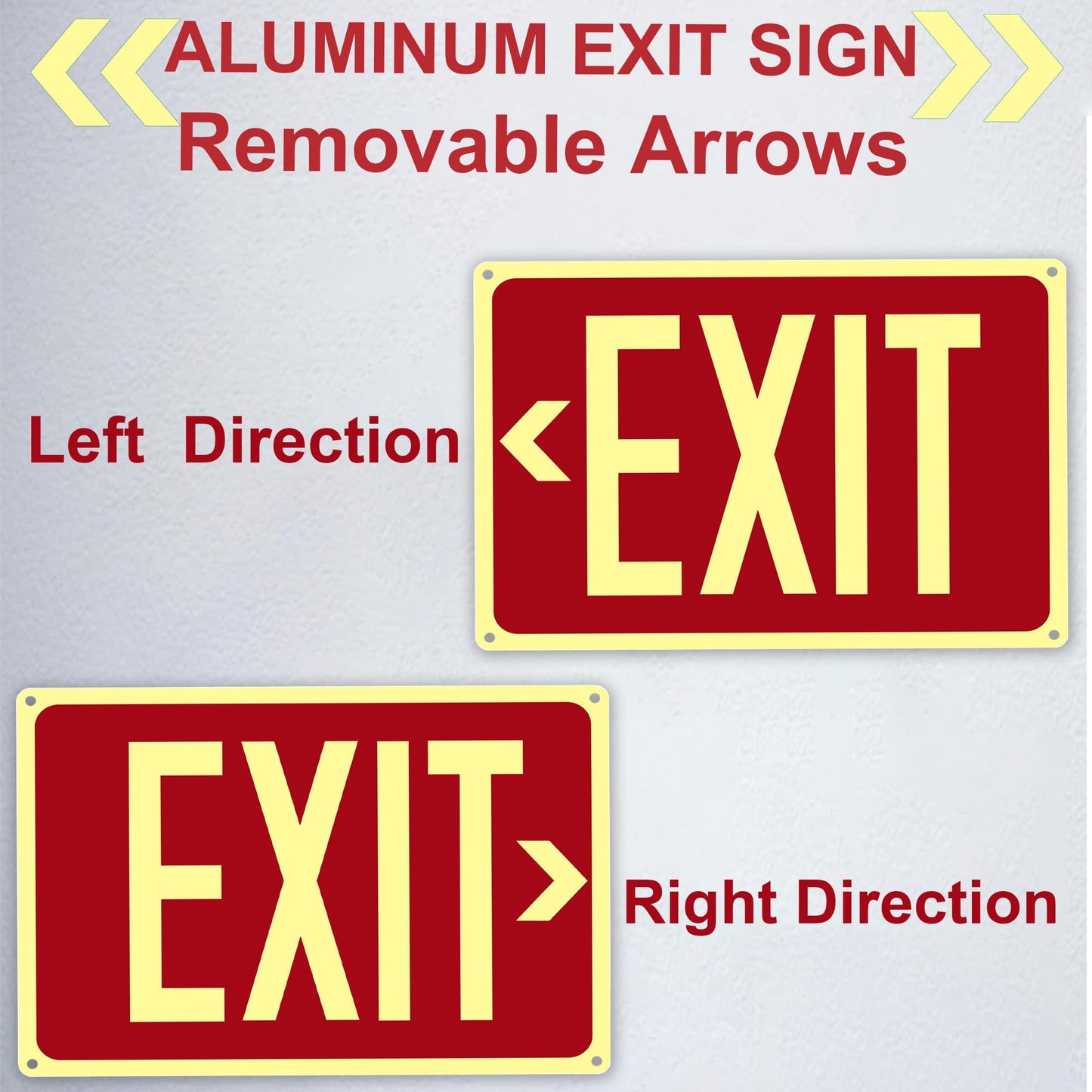 4Pack Photoluminescent Exit Sign Aluminum - 14x10 Inches Glow In Dark Exit Sign with Adhesive Backing - Removable Arrows Included - Non Electrical Red Exit Light For 50 Feet Visibility