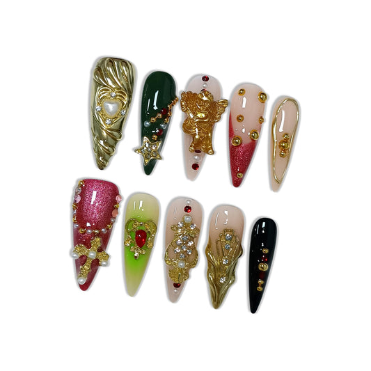 Hantyer Pink Baroque Press on Nails with Water Ripple Carving, Angel Statue, Cross & Rhinestones, Long Stiletto Glossy Luxury Fake Nails, Reusable Edgy Glam False Nails for Women Gala Party (Size M) ﻿