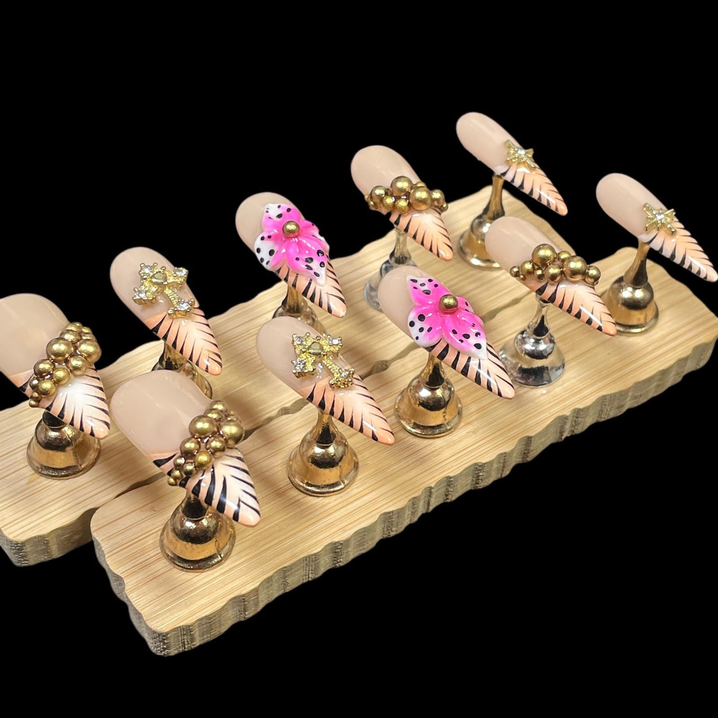 Luxury Handmade Press On Nails, Nude Pink Stiletto Tips with Gold Chains, 3D Flowers, Tiger Stripes, Reusable Acrylic False Nails (Tiger Luxe, M)