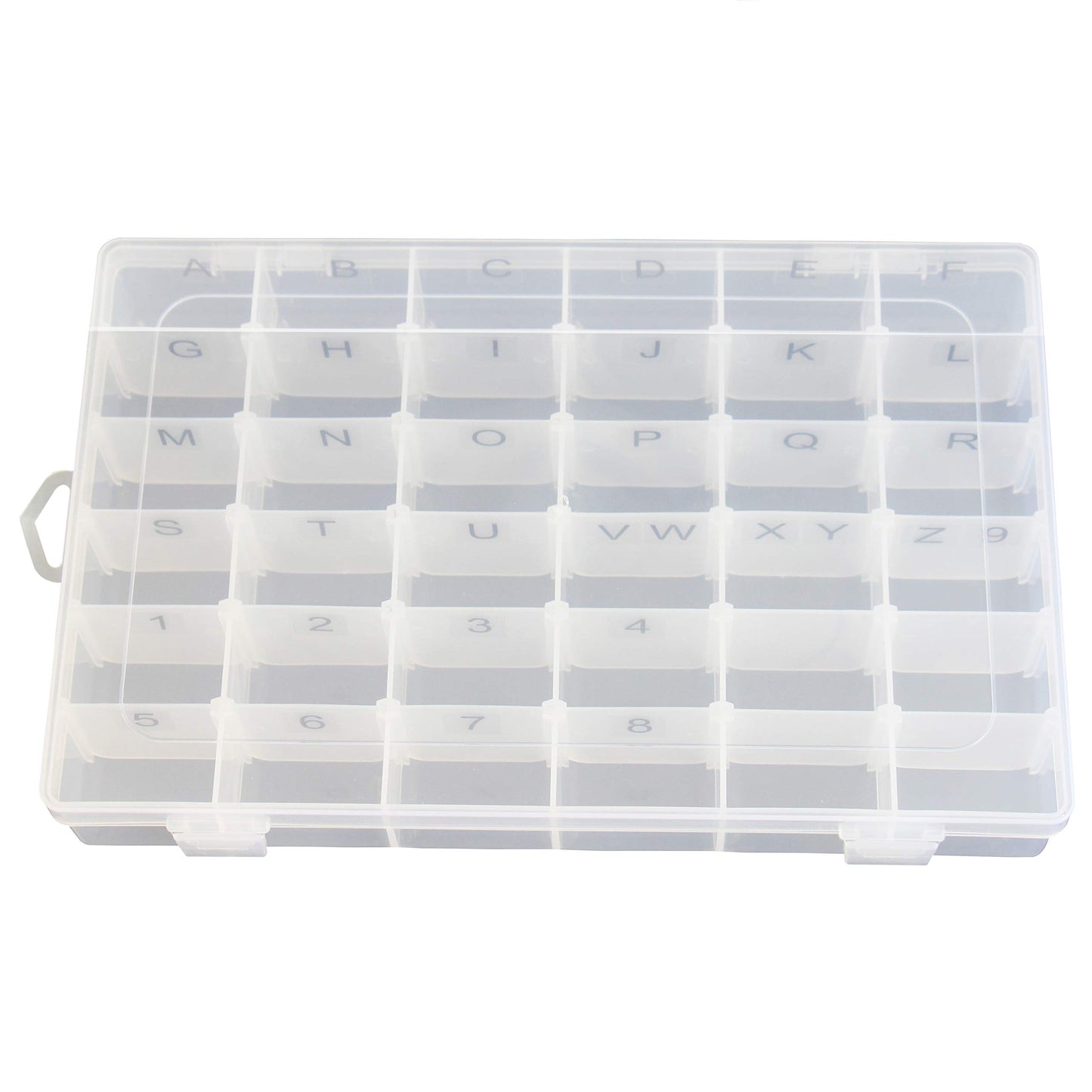 Plastic Organizer Container Box with Adjustable Dividers - 36 Compartments for Letter Board Letters - Stickers Pre Applied to Dividers