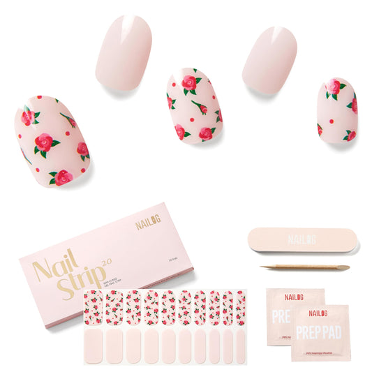 Semi Cured Gel Nail Strips - NAILOG 20 Pcs Pink Flowers Nail Stickers Extra Long Wraps with Glossy Gel Finishing for Spring Summer, Rosette