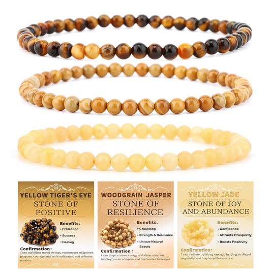 NCB 3-Piece 4mm Natural Crystal Gemstone Stretch Bracelets – ﻿Woodgrain Jasper, Yellow Jade, Yellow Tiger's Eye Handmade Reiki Energy Healing Jewelry for Meditation,Yoga, Unisex