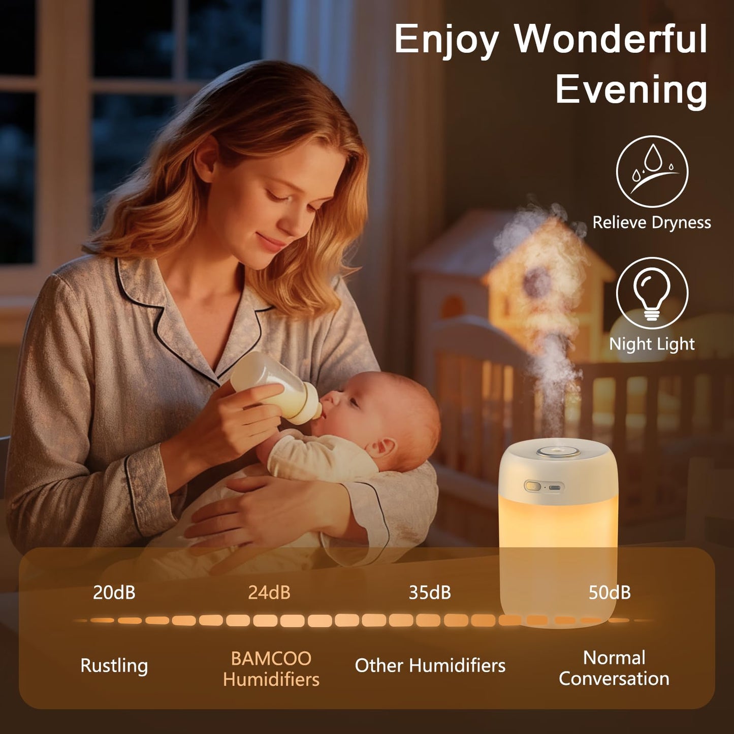 BAMCOO Portable Small Humidifier, 650ml Colorful Mini Humidifier for Bedroom, Office Desktop, Baby Room, Plants, Cool Mist Humidifiers(White)