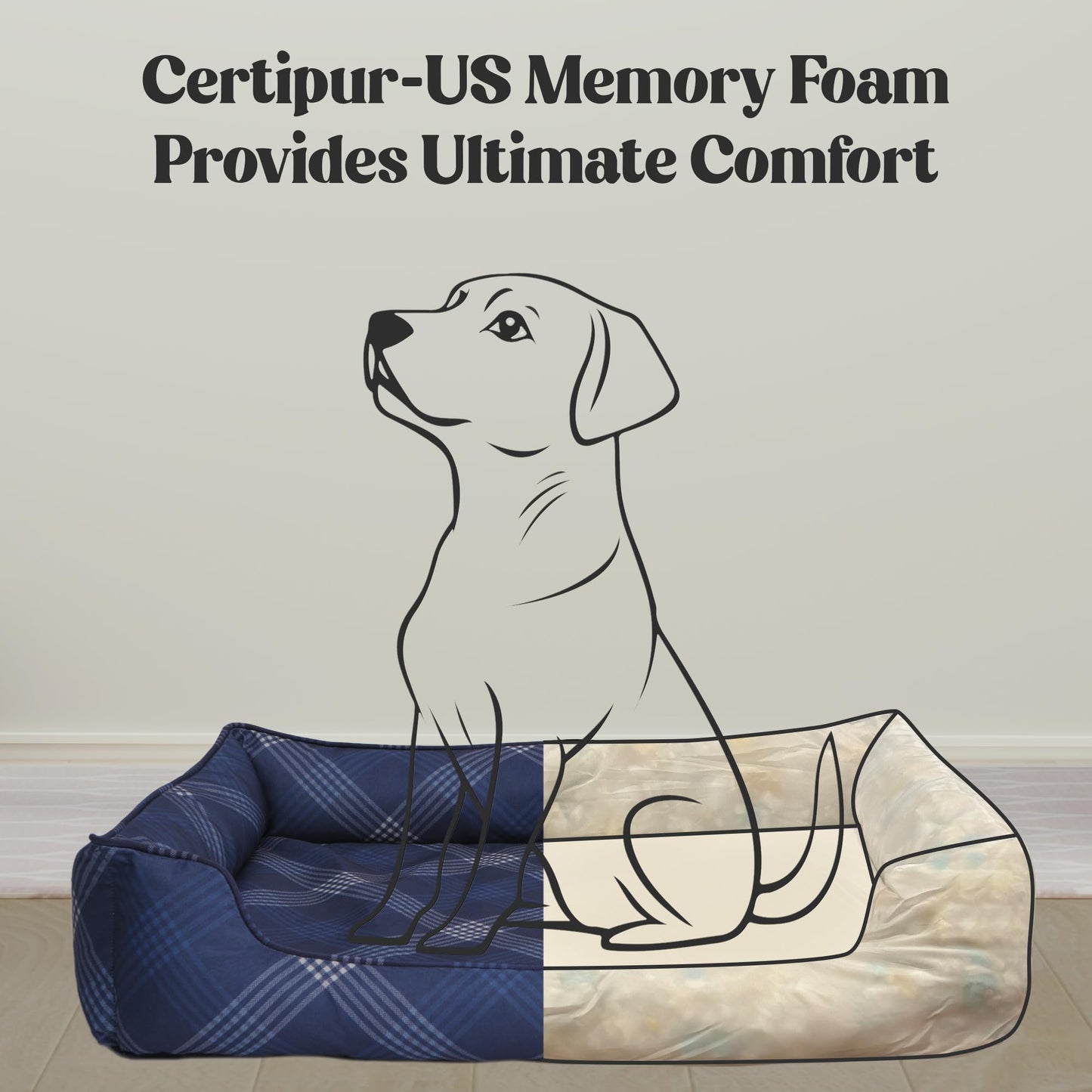 Pupstilo Orthopedic Bolster Dog Bed – CertiPUR-US Foam, Recycled Polyester Canvas, Washable Cover, Anti-Slip Bottom, Large, Navy Plaid – Stylish Designer Dog Sofa