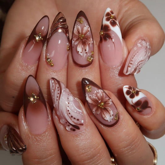 SEENEEY Almond Press on Nails Medium Fake Nails Brown Artificial Nail Floral Stick on Nail for Women 24pcs