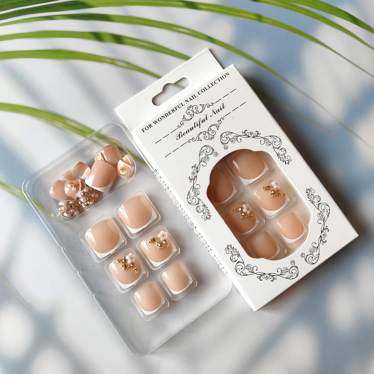 White French Tip Press on Toenails with Pearl Rhinestone Charms Short Glossy Fake Toe Nails Acrylic Flower Toenails Artificial Glue on Toe Nails Summer Toe Press on Nails for Women 24Pcs