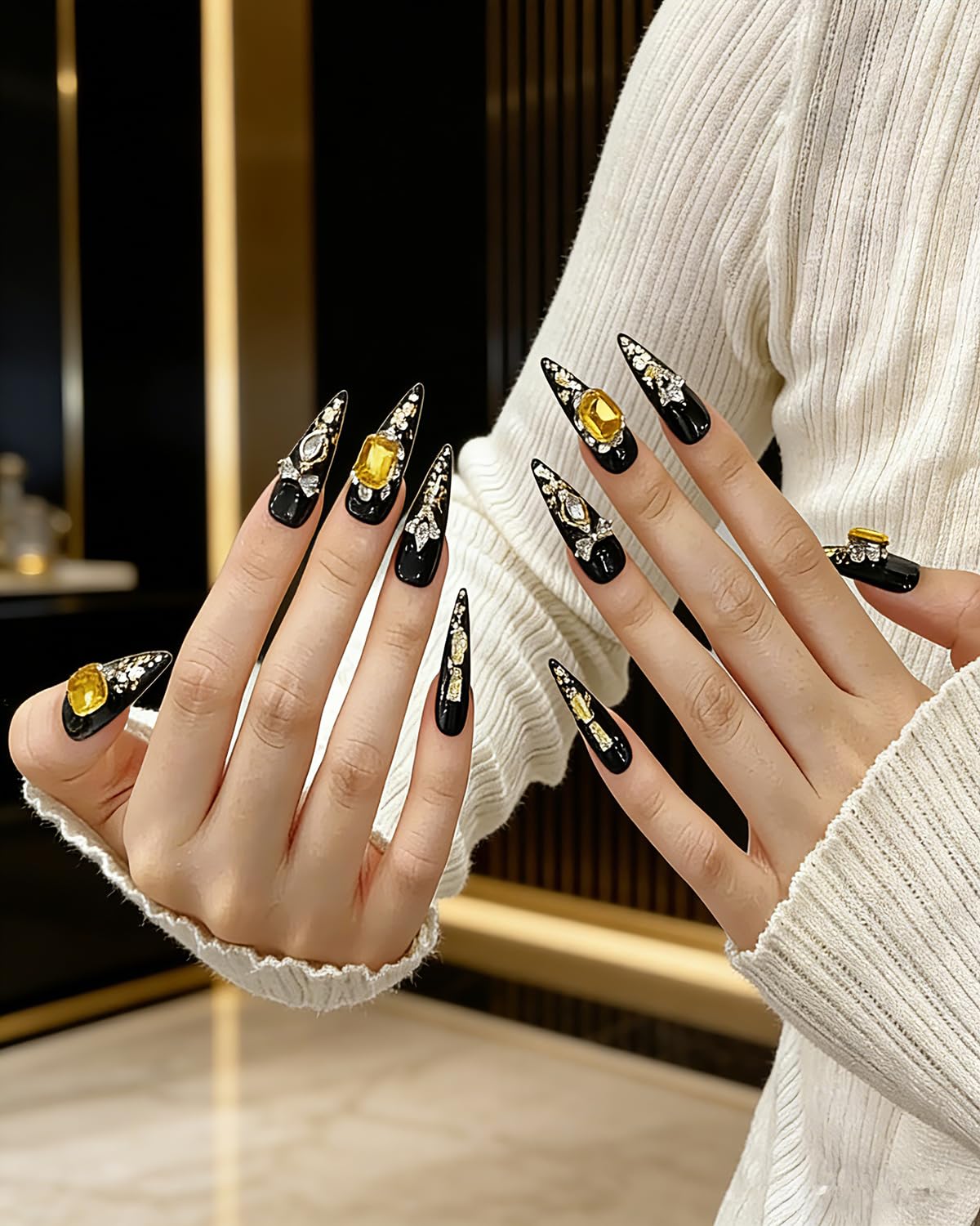 CAMILCY Luxury Handmade Press on Nails Black Gold Stiletto Glossy Reusable Long Fake Nails with Gold Foil Salon Quality Elegant Acrylic Artificial Nails for Women 10pcs(A020, L)