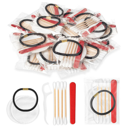 Bulk Hotel Vanity Kit Individually Wrapped Vanity Kit Travel,Hotel Hospitality Supplies,Hygiene Products Include Disposable Cotton Pads,Cotton Swabs,Hair Tie,Nail File,Dental Floss（100）
