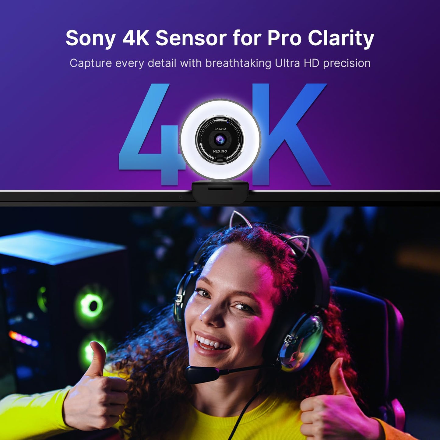 NexiGo N680E Pro 4K Webcam with Ring Light, PDAF Autofocus, 1080p 60FPS, Dual Noise-Canceling Mics, Privacy Shutter, USB Plug-and-Play for Zoom, Teams, Twitch, Google Meet