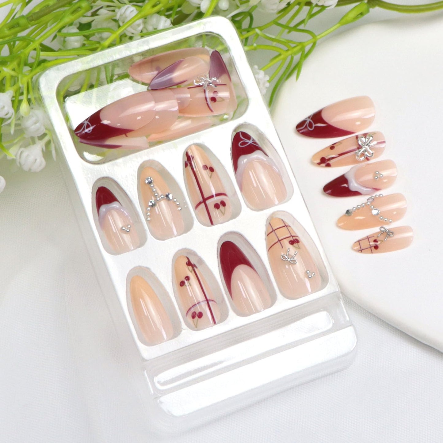 Almond Press on Nails Medium Fake Nails Red French Nails Press ons Glossy Glue on Nail with 3D Bow Pearl Rhinestones Lines Cherry Designs Nude Stick on Nails for Women 24Pcs