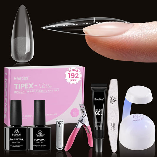 Beetles Tipex Lite Apex Nail Tips Kit, Stiletto Medium,192pcs 16 Sizes, with UV Nail Glue, Base & Top Coat, Mini Nail Lamp, Nail Clipper & Cuticle Nipper, Pre-Building Pre-Etched